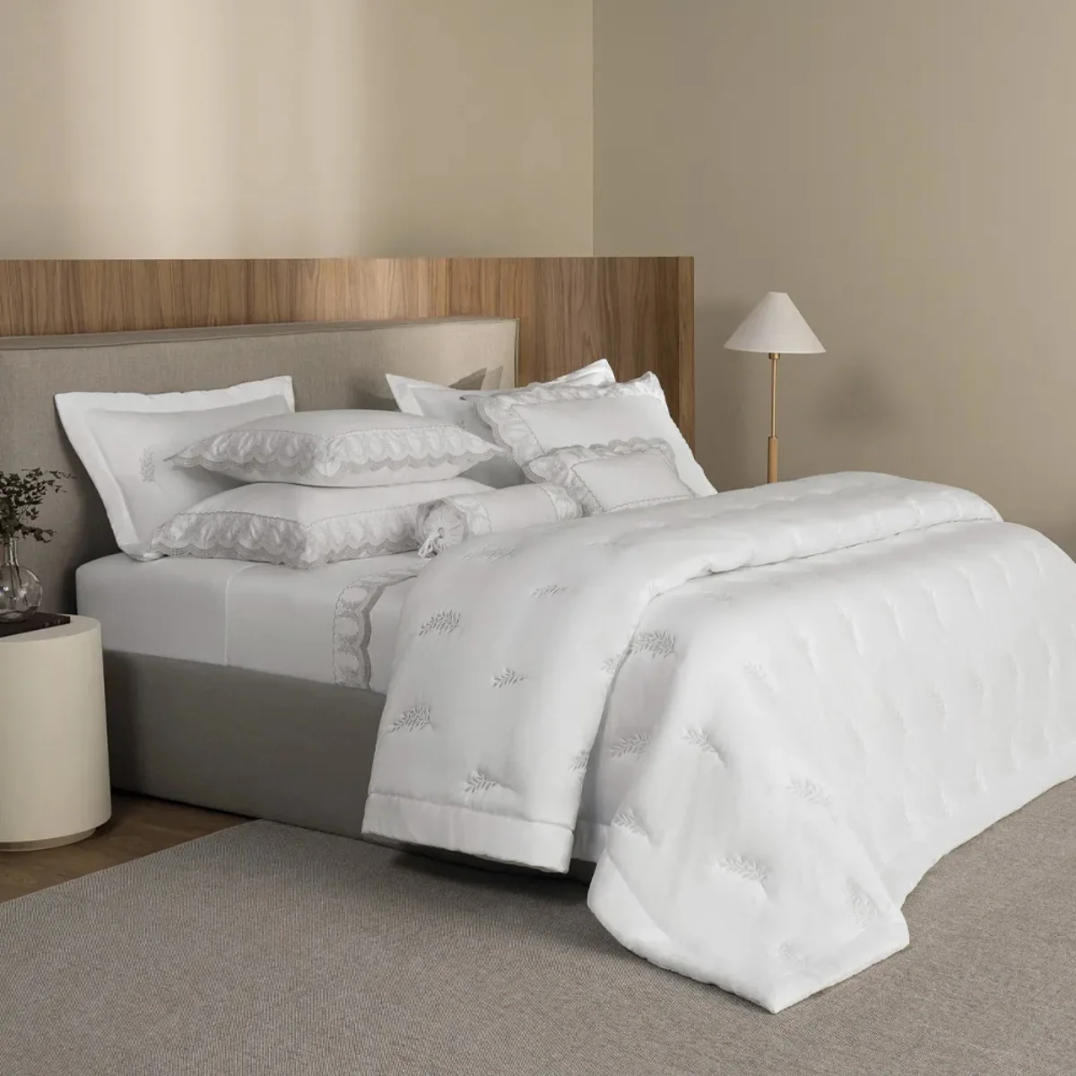 Jogo de cama King 600 fios Cetim Laurea Branco/Platino - Image 2