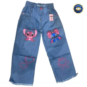 Calça Pantalona Wide Leg Stich - Jeans Infantil Juvenil Larguinha
